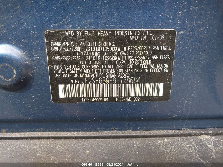 2009 Subaru Forester 2.5X VIN: JF2SH63699H788684 Lot: 40148258