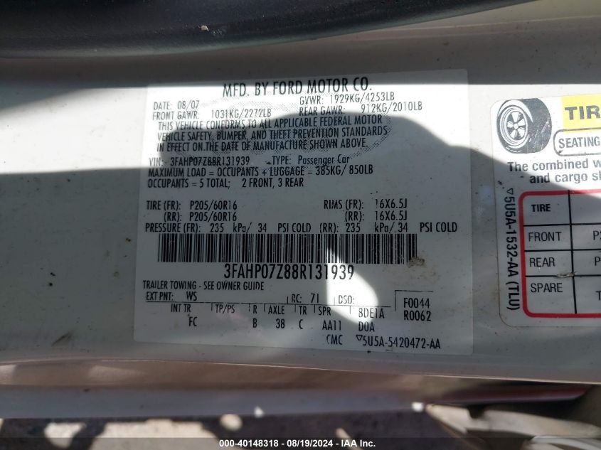 2008 Ford Fusion Se VIN: 3FAHP07Z88R131939 Lot: 40148318