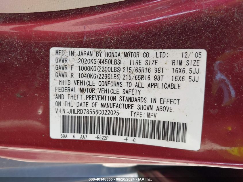 2006 Honda Cr-V Lx VIN: JHLRD78556C022025 Lot: 40148355