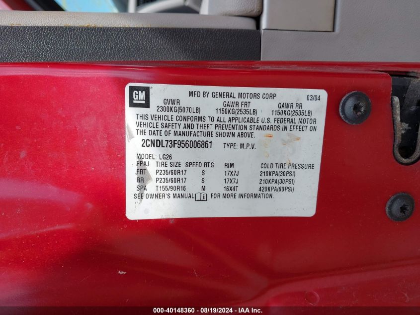 2005 Chevrolet Equinox Lt VIN: 2CNDL73F956006861 Lot: 40148360