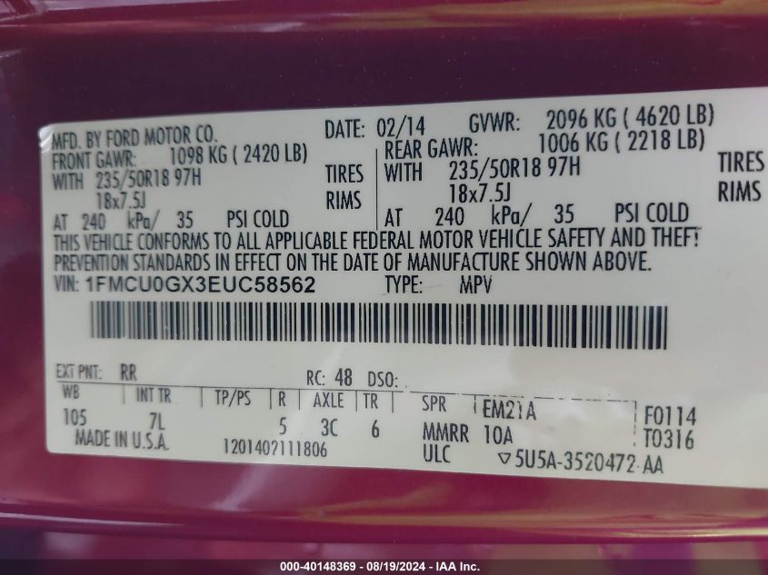 2014 Ford Escape Se VIN: 1FMCU0GX3EUC58562 Lot: 40148369