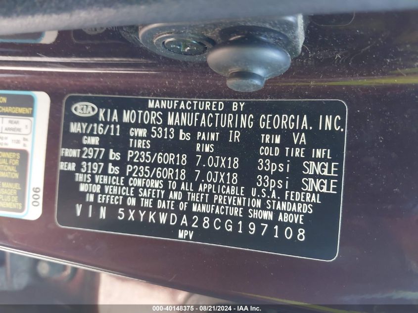 2012 Kia Sorento Sx V6 VIN: 5XYKWDA28CG197108 Lot: 40148375