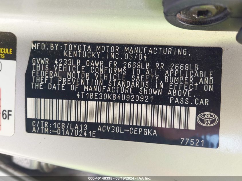 2004 Toyota Camry Xle VIN: 4T1BE30K84U920921 Lot: 40148395
