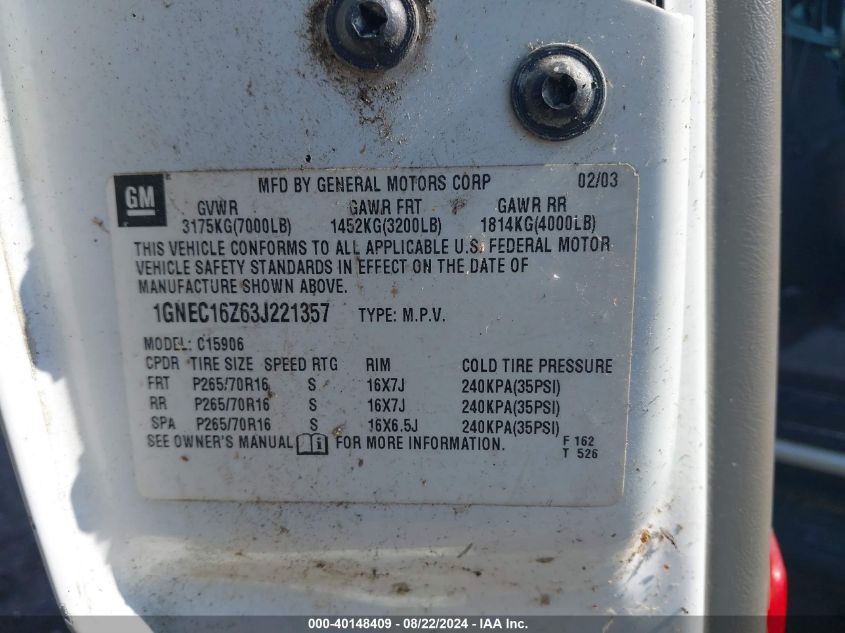 2003 Chevrolet Suburban 1500 Lt VIN: 1GNEC16Z63J221357 Lot: 40148409