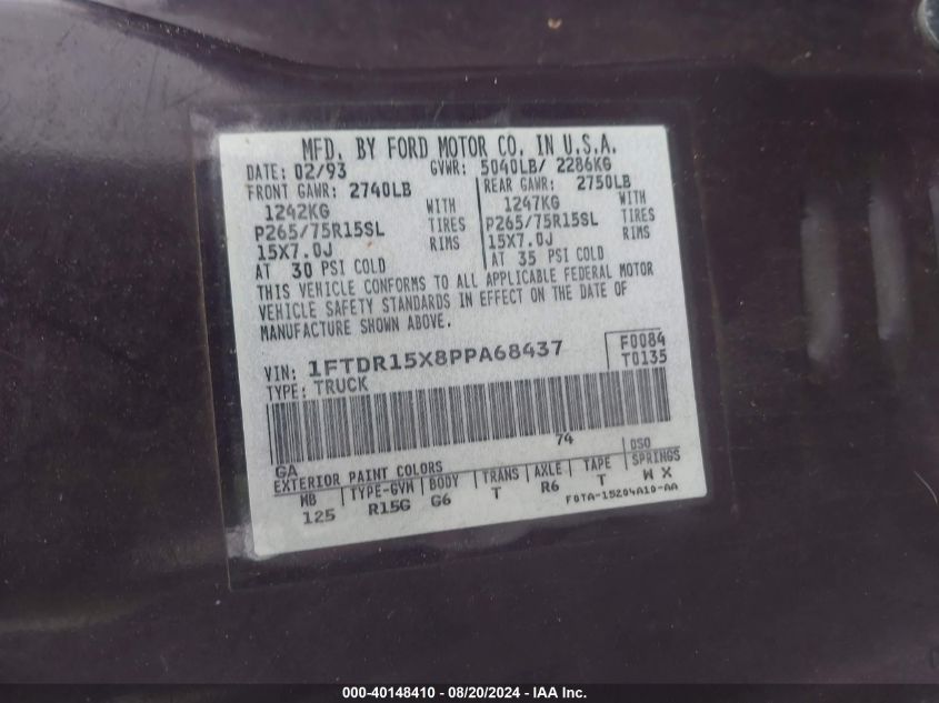 1993 Ford Ranger Super Cab VIN: 1FTDR15X8PPA68437 Lot: 40148410