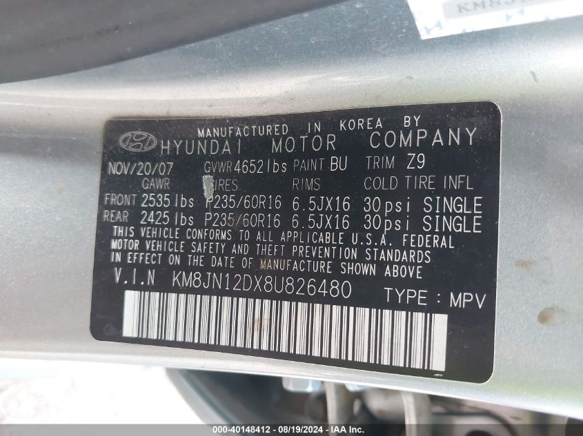 2008 Hyundai Tucson Limited V6/Se VIN: KM8JN12DX8U826480 Lot: 40148412