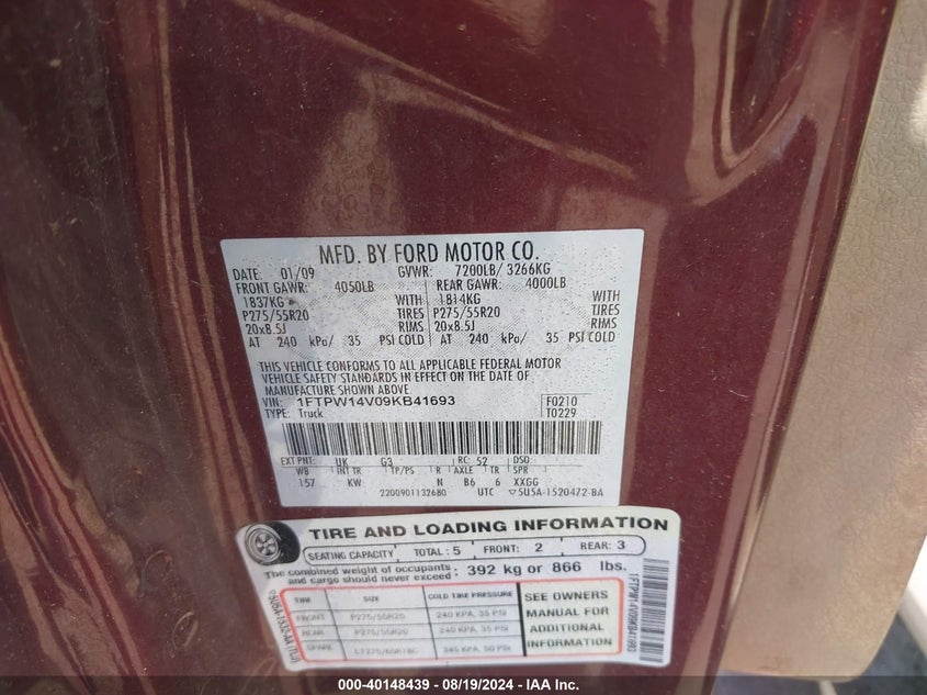 2009 Ford F-150 Fx4/King Ranch/Lariat/Platinum/Xl/Xlt VIN: 1FTPW14V09KB41693 Lot: 40148439