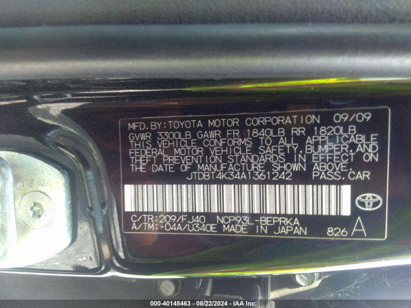 2010 Toyota Yaris VIN: JTDBT4K34A1361242 Lot: 40148463