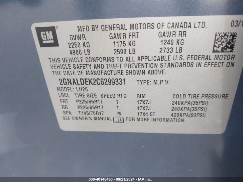 2012 Chevrolet Equinox Lt W/1Lt VIN: 2GNALDEK2C6299331 Lot: 40148490