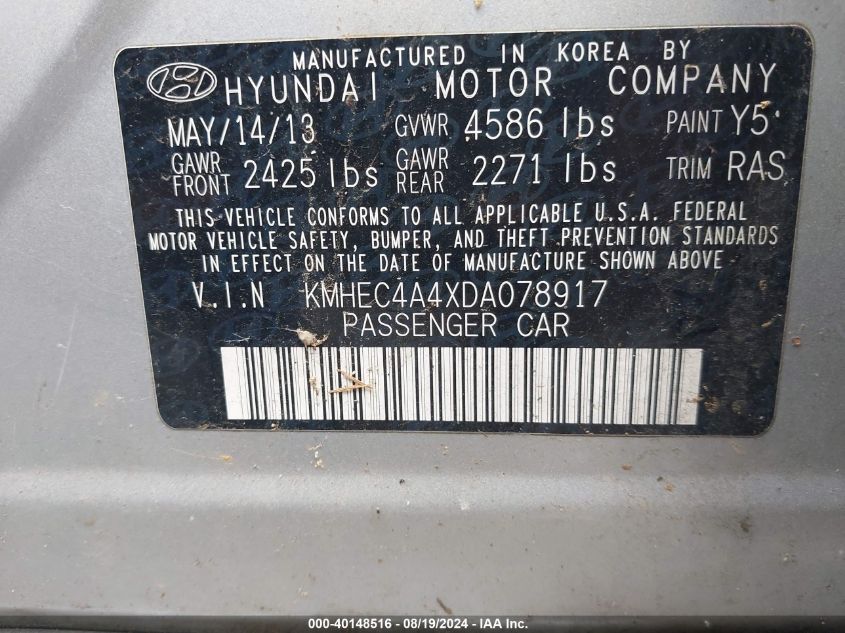 2013 Hyundai Sonata Hybrid VIN: KMHEC4A4XDA078917 Lot: 40148516