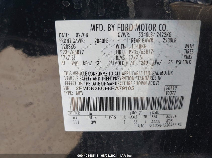 2008 Ford Edge Sel VIN: 2FMDK38C98BA79105 Lot: 40148543