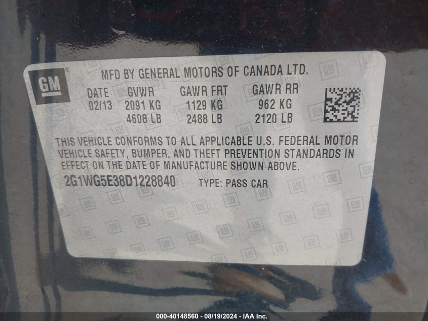 2G1WG5E38D1228840 2013 Chevrolet Impala Lt