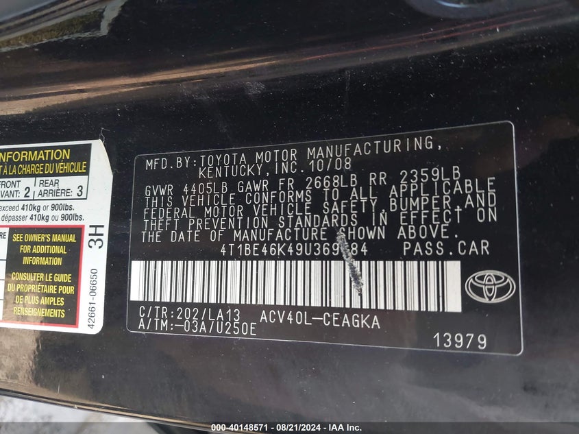 2009 Toyota Camry Se/Le/Xle VIN: 4T1BE46K49U369584 Lot: 40148571