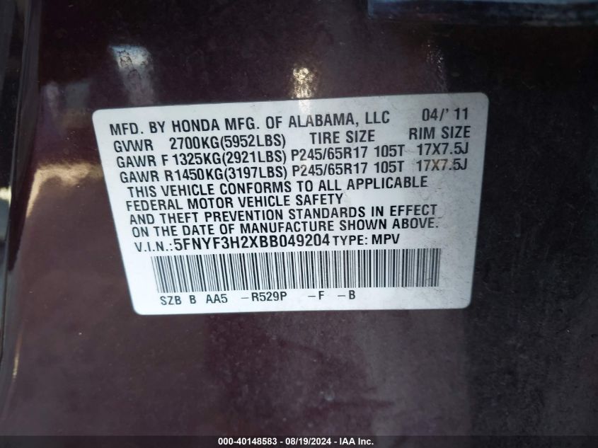 2011 Honda Pilot Lx VIN: 5FNYF3H2XBB049204 Lot: 40148583