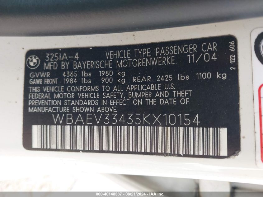 2005 BMW 325I VIN: WBAEV33435KX10154 Lot: 40148587