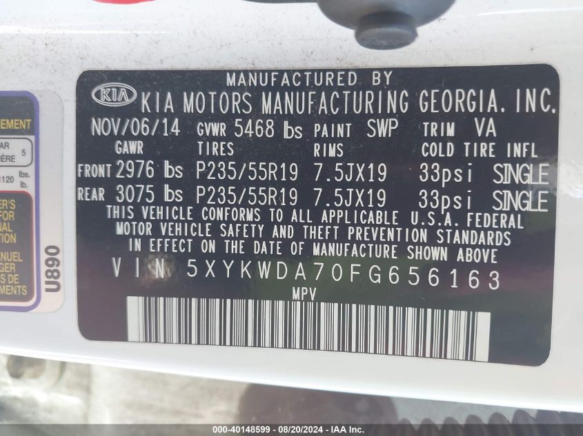 2015 Kia Sorento Sx/Sx Limited VIN: 5XYKWDA70FG656163 Lot: 40148599