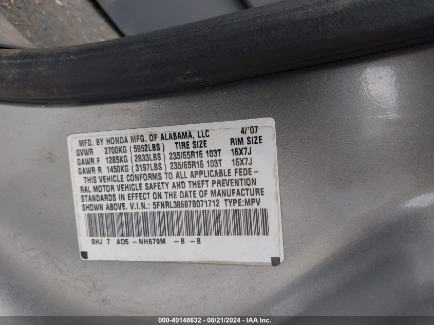 2007 Honda Odyssey Ex-L VIN: 5FNRL38687B071712 Lot: 40148632