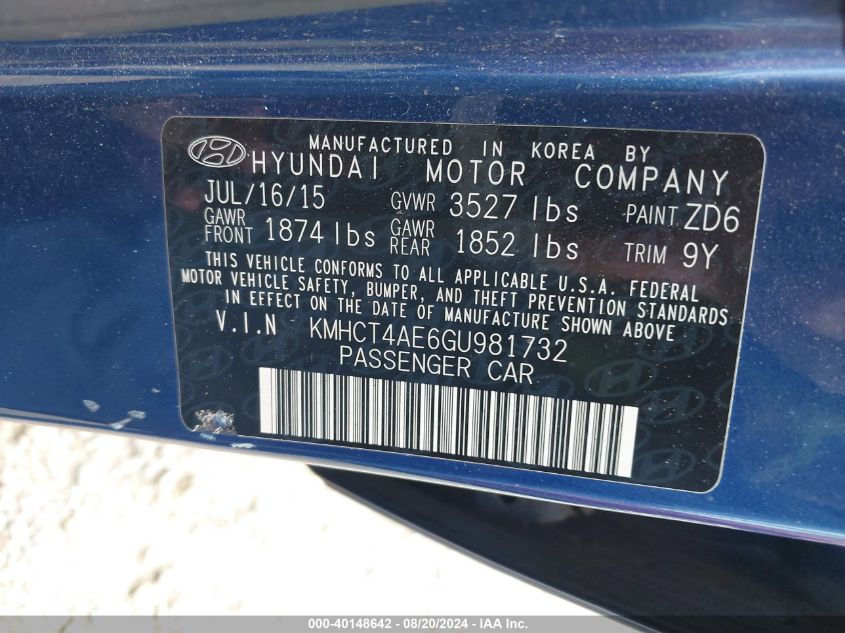 2016 Hyundai Accent Se VIN: KMHCT4AE6GU981732 Lot: 40148642