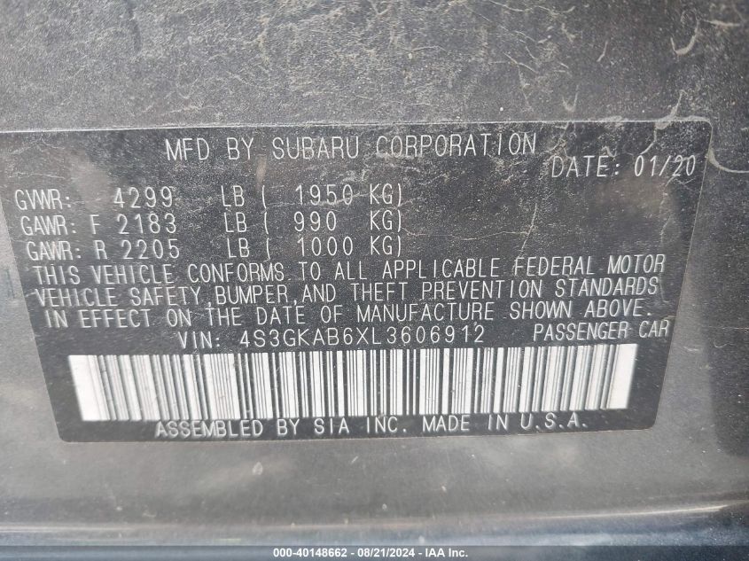 4S3GKAB6XL3606912 2020 Subaru Impreza