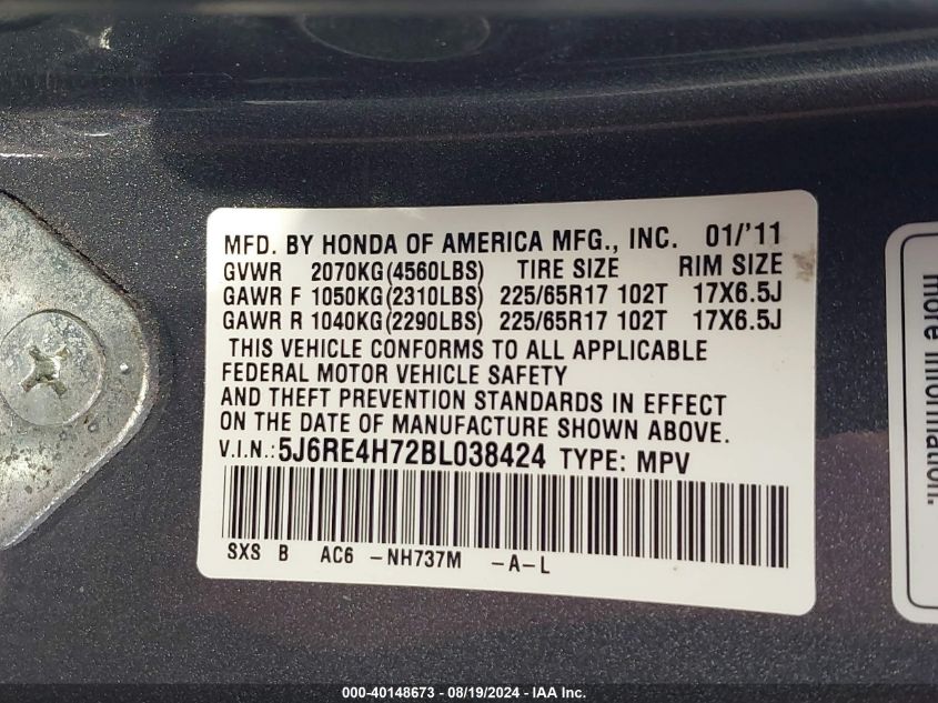 2011 Honda Cr-V Ex-L VIN: 5J6RE4H72BL038424 Lot: 40148673