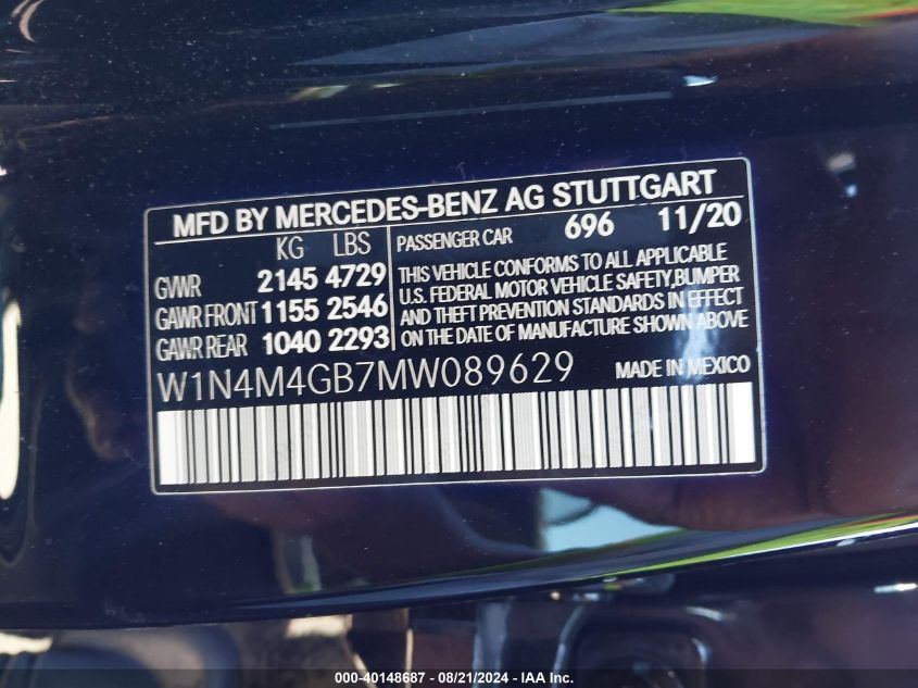 W1N4M4GB7MW089629 2021 Mercedes-Benz Glb 250