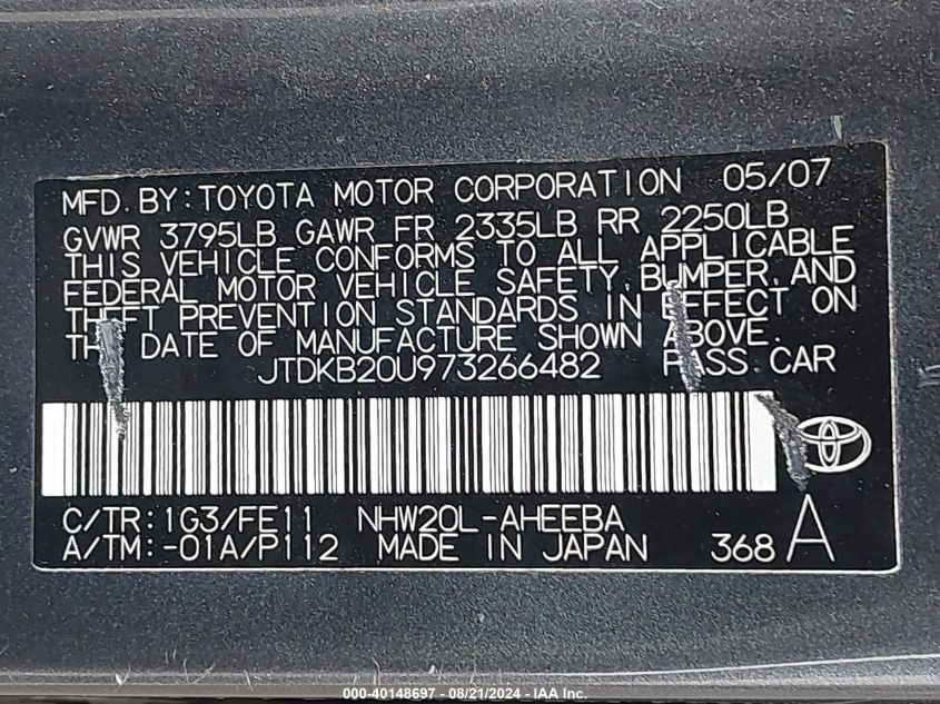 2007 Toyota Prius VIN: JTDKB20U973266482 Lot: 40148697