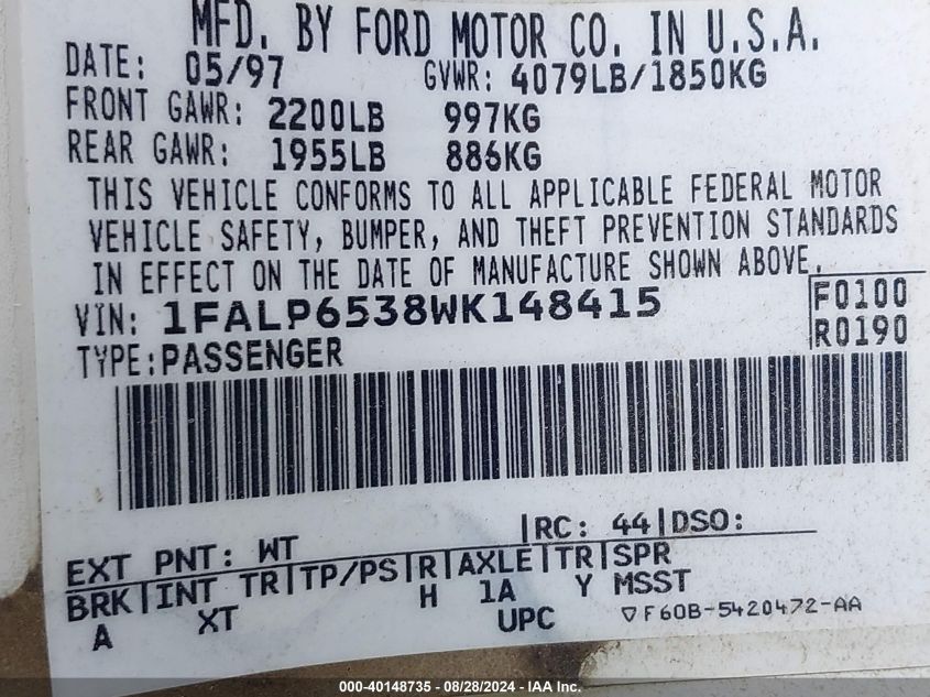 1998 Ford Contour Gl/Sport/Lx VIN: 1FALP6538WK148415 Lot: 40148735