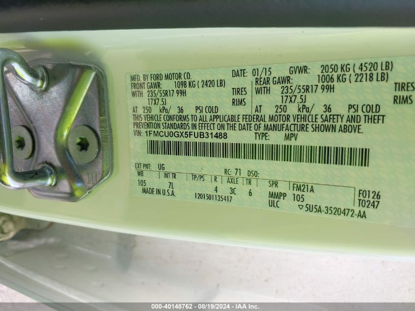 2015 Ford Escape Se VIN: 1FMCU0GX5FUB31488 Lot: 40148762