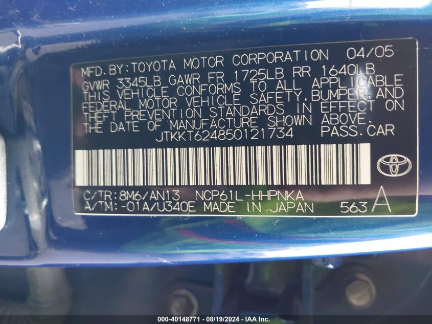 2005 Scion Xa VIN: JTKKT624850121734 Lot: 40148771