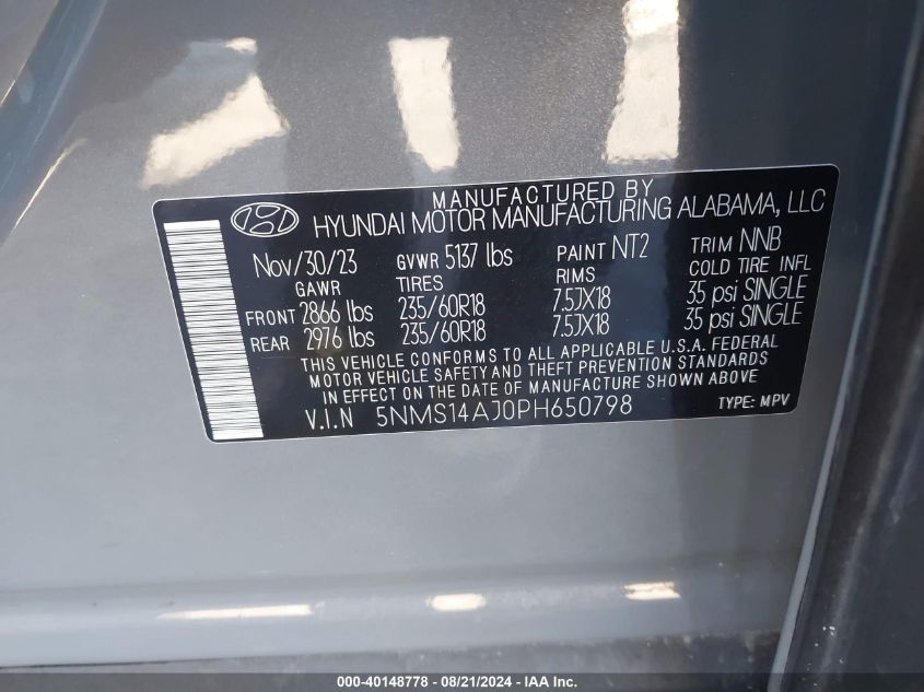 2023 Hyundai Santa Fe Se VIN: 5NMS14AJ0PH650798 Lot: 40148778