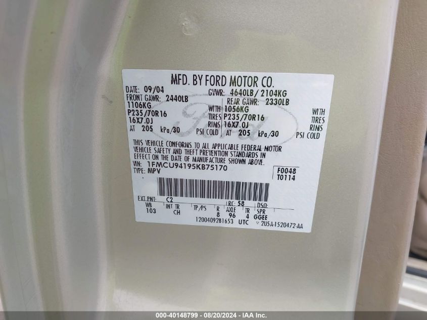 2005 Ford Escape Limited VIN: 1FMCU94195KB75170 Lot: 40148799