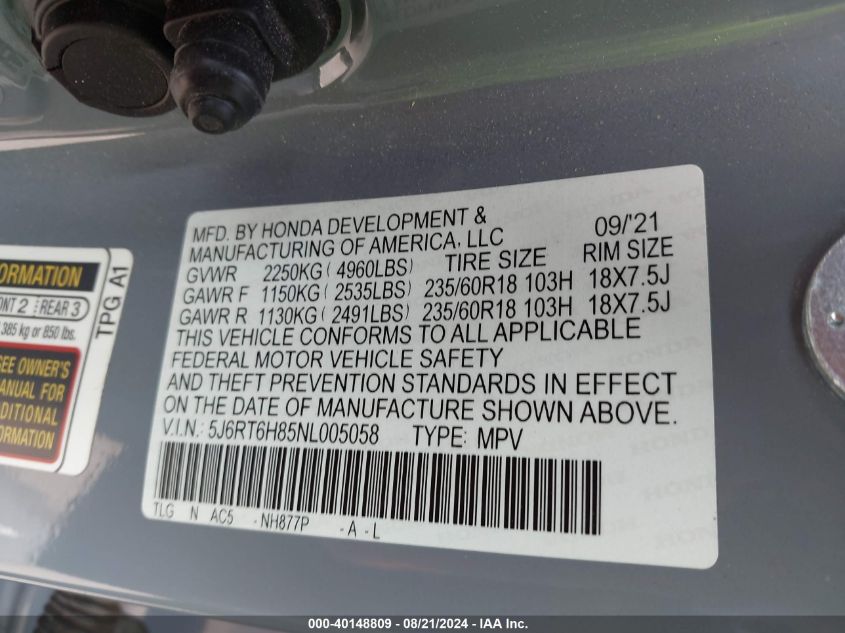 2022 Honda Cr-V Exl VIN: 5J6RT6H85NL005058 Lot: 40148809