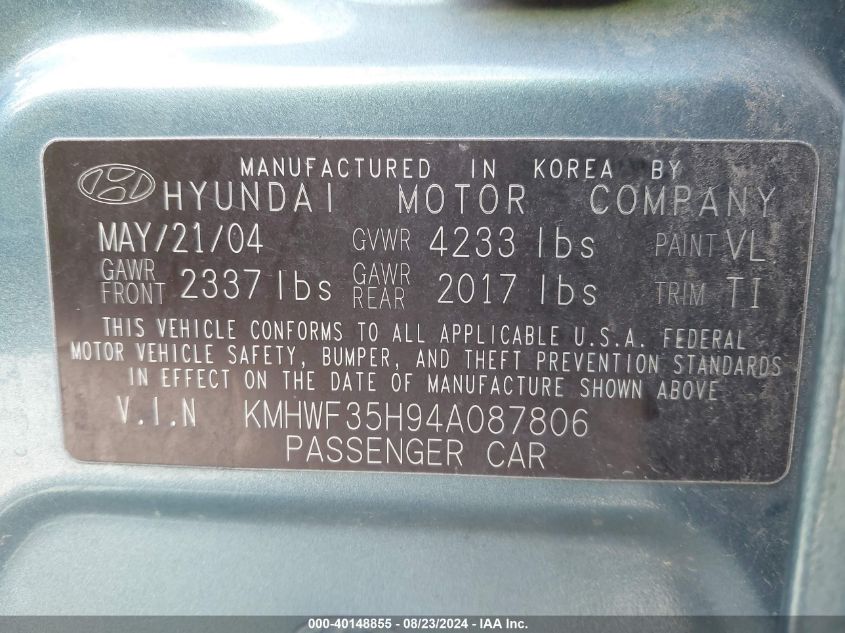 2004 Hyundai Sonata Gls/Lx VIN: KMHWF35H94A087806 Lot: 40148855