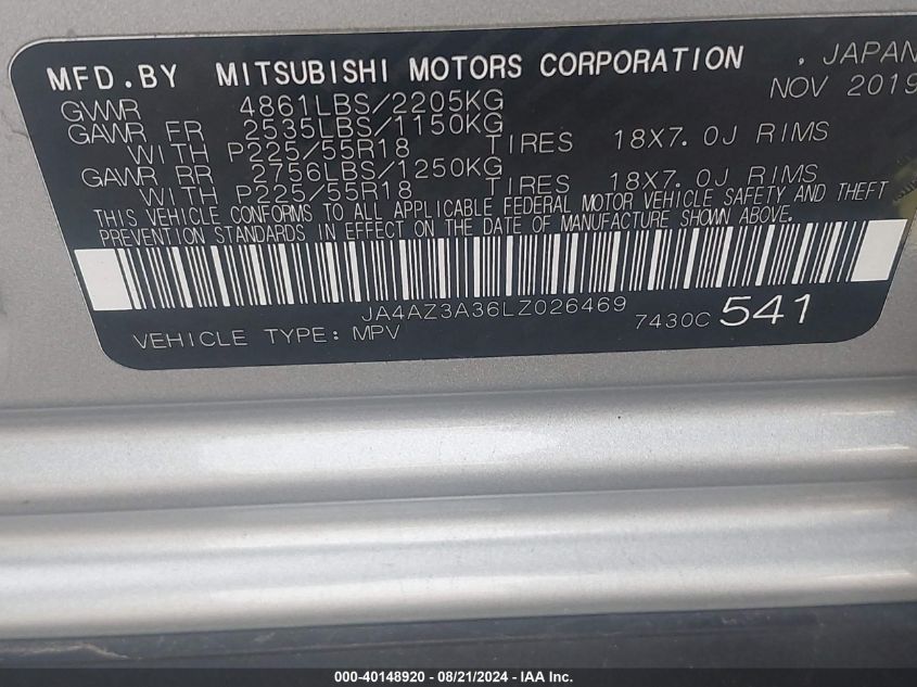 2020 Mitsubishi Outlander Es 2.4 S-Awc VIN: JA4AZ3A36LZ026469 Lot: 40148920