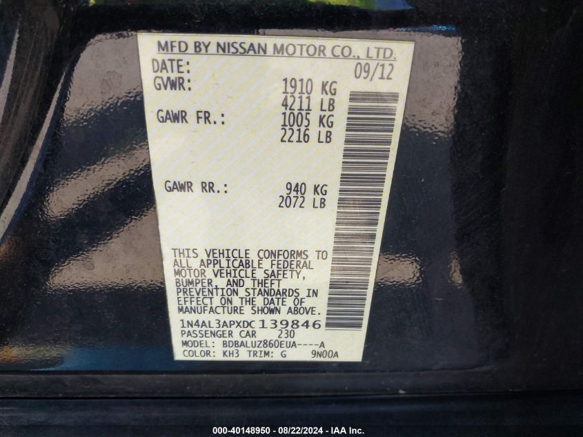 2013 Nissan Altima 2.5 Sv VIN: 1N4AL3APXDC139846 Lot: 40148950