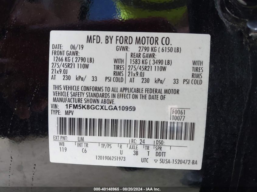 2020 Ford Explorer St VIN: 1FM5K8GCXLGA10959 Lot: 40148965