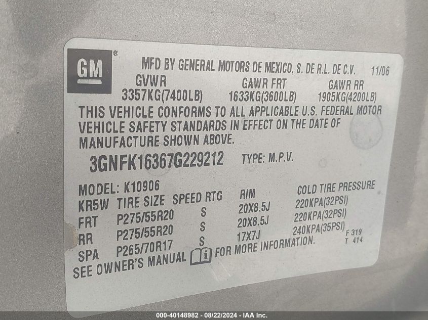 2007 Chevrolet Suburban 1500 Lt VIN: 3GNFK16367G229212 Lot: 40148982