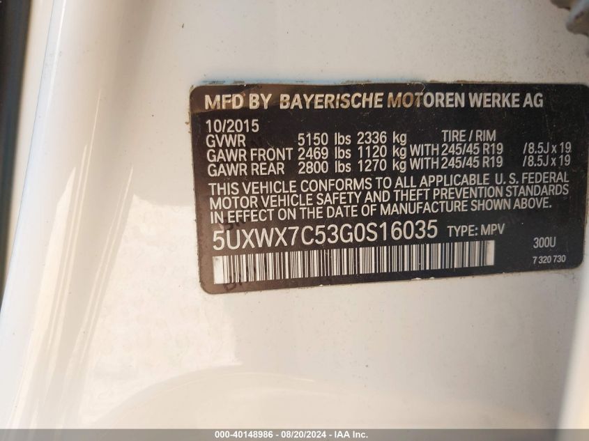 5UXWX7C53G0S16035 2016 BMW X3 xDrive35I