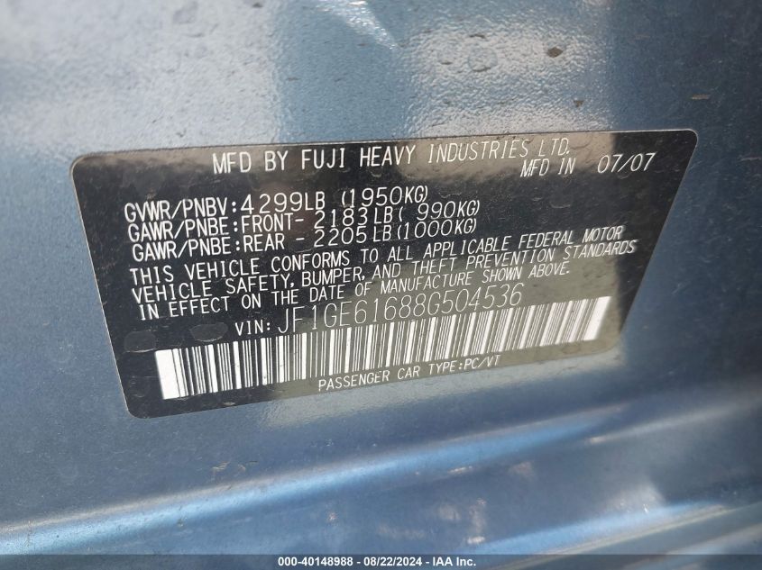 2008 Subaru Impreza 2.5I VIN: JF1GE61688G504536 Lot: 40148988