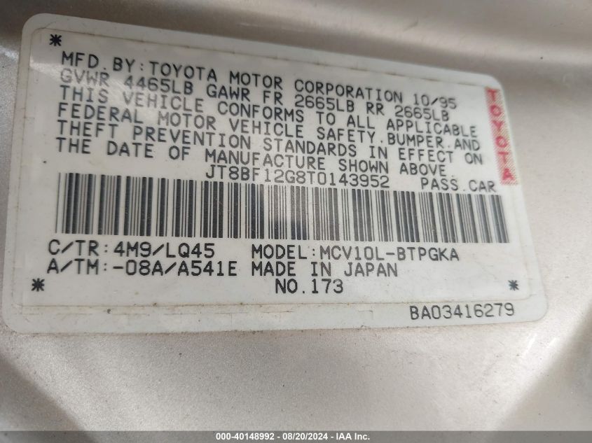 1996 Lexus Es 300 VIN: JT8BF12G8T0143952 Lot: 40148992