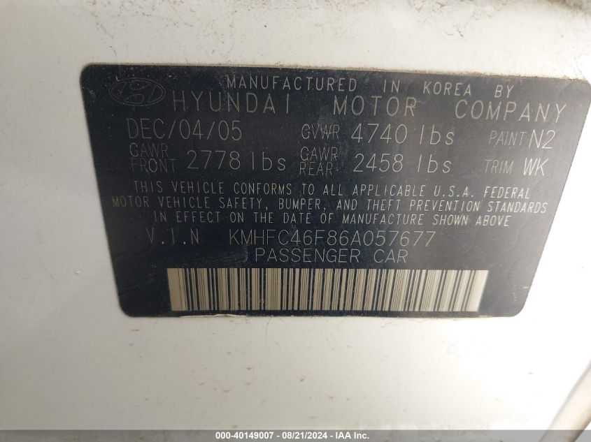 KMHFC46F86A057677 2006 Hyundai Azera Se/Limited