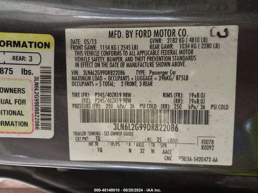 2013 LINCOLN MKZ VIN: 3LN6L2G99DR822086