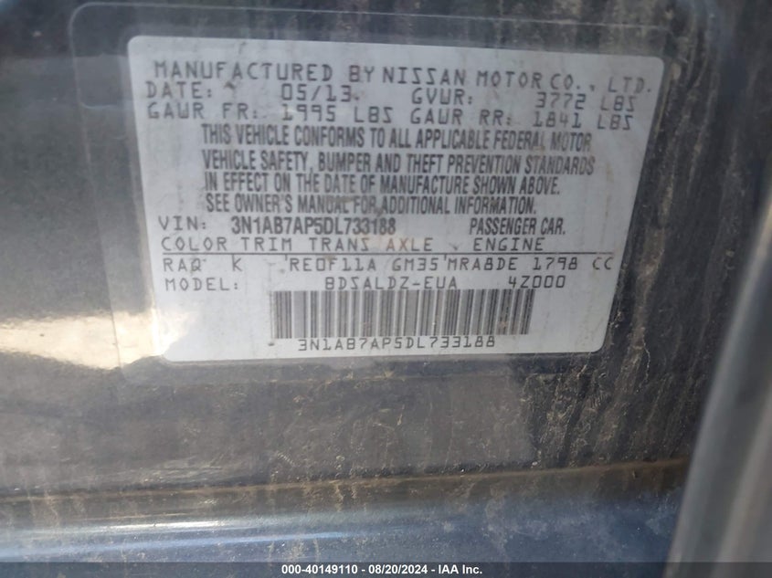 2013 Nissan Sentra Sv VIN: 3N1AB7AP5DL733188 Lot: 40149110