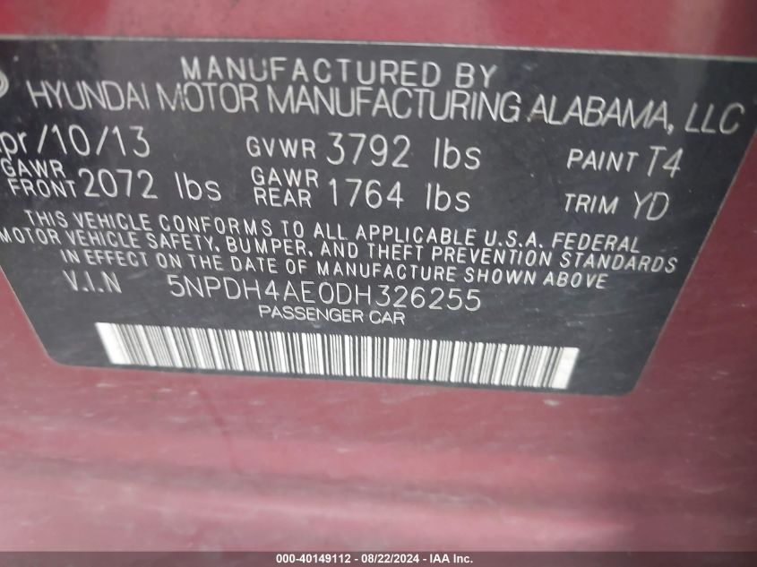 5NPDH4AE0DH326255 2013 Hyundai Elantra Limited