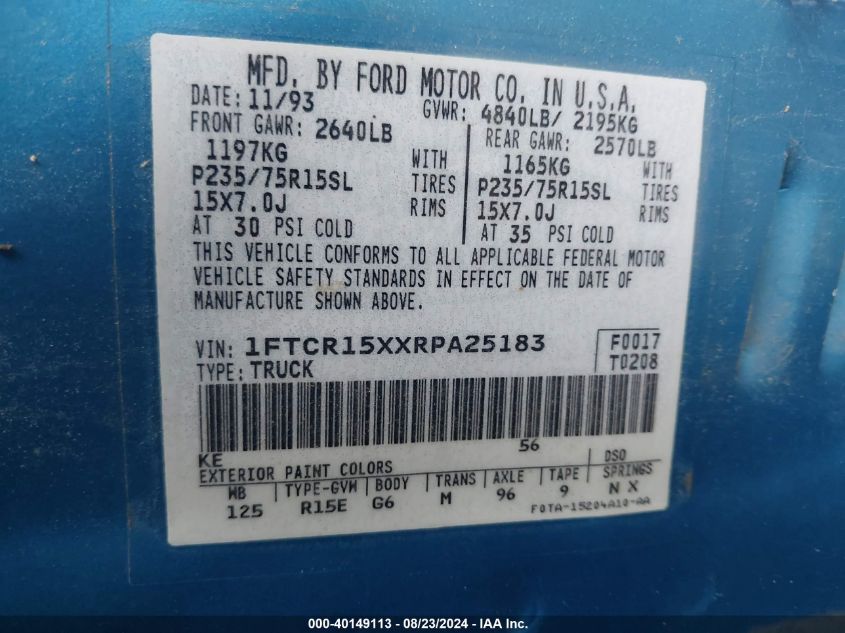 1994 Ford Ranger Super Cab VIN: 1FTCR15XXRPA25183 Lot: 40149113