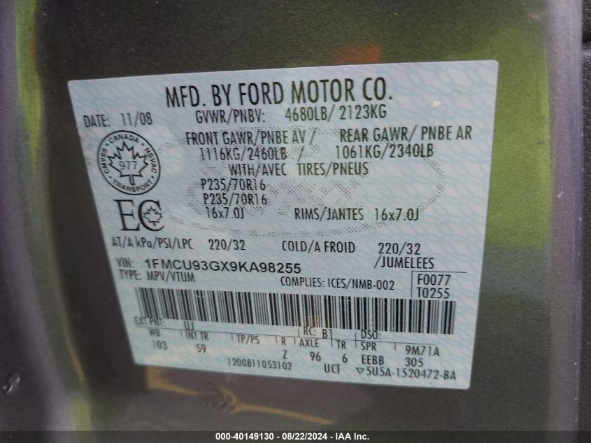 2009 Ford Escape Xlt VIN: 1FMCU93GX9KA98255 Lot: 40149130