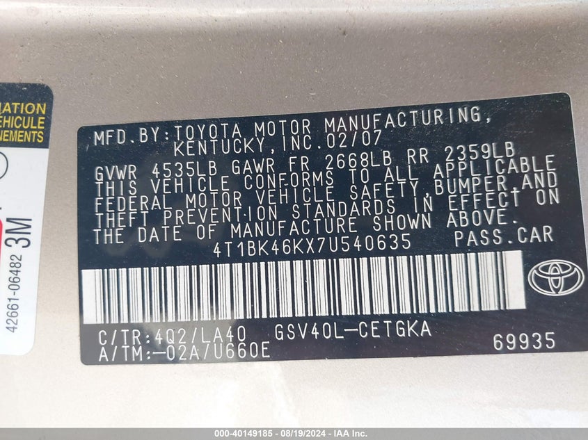 2007 Toyota Camry Xle V6 VIN: 4T1BK46KX7U540635 Lot: 40149185