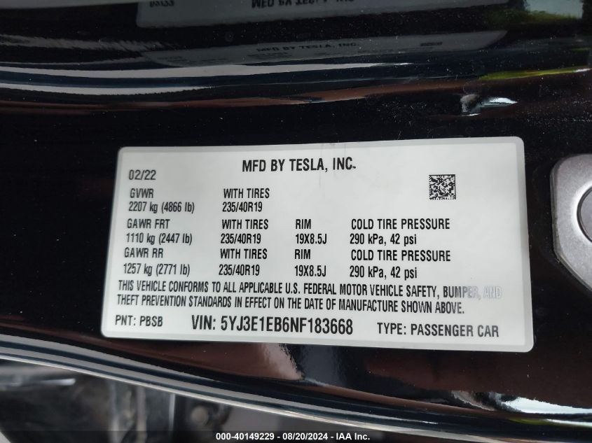 2022 Tesla Model 3 Long Range Dual Motor All-Wheel Drive VIN: 5YJ3E1EB6NF183668 Lot: 40149229