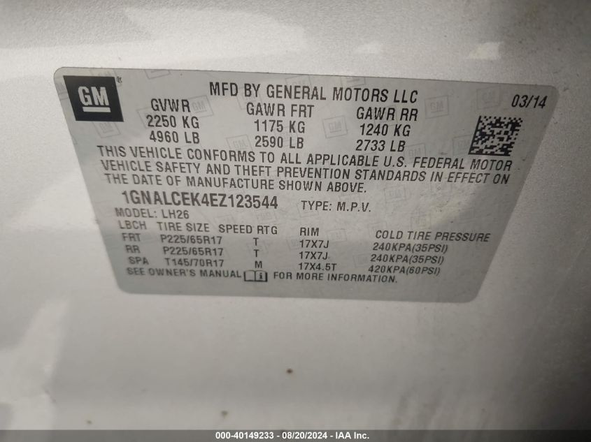 2014 Chevrolet Equinox 2Lt VIN: 1GNALCEK4EZ123544 Lot: 40149233