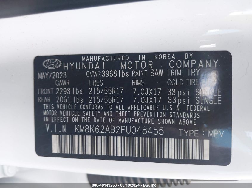 2023 Hyundai Kona Sel VIN: KM8K62AB2PU048455 Lot: 40149263